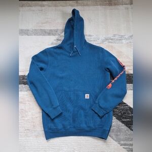 Mens Carhartt Blue Hoodie with Orange Logo